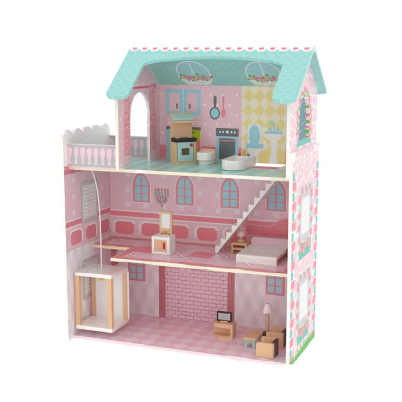 Pretend Role Play DIY Educational Toy Kids Wooden Doll House Villa with Doll Room