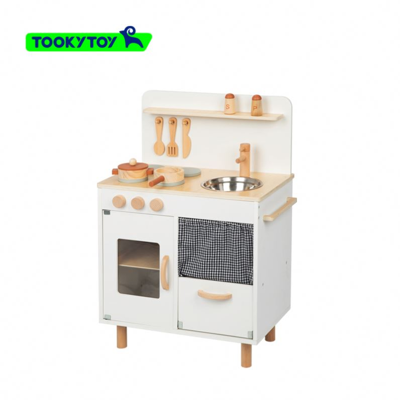 Cream-Colored Rattan Wooden Play Kitchen Pretend Toy for Kids, with Realistic Features