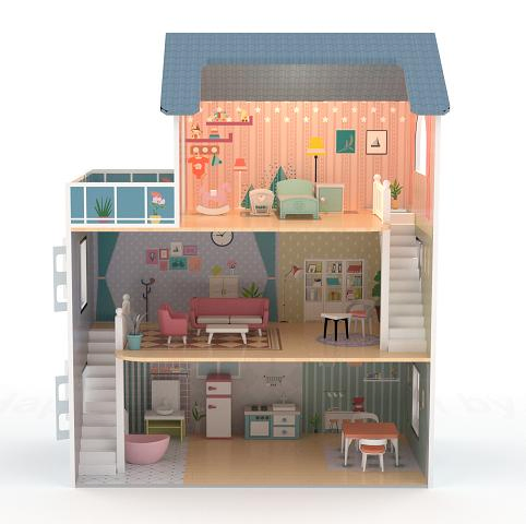 Pretend Role Play DIY Educational Toy Kids Wooden Doll House Villa with Doll Room