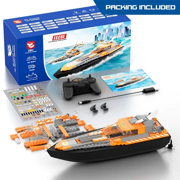 Classic DIY 4 in 1 Brick RC Boat Racing Building Blocks Set Model Toy Remote Control Ships Pool Toys for Kids