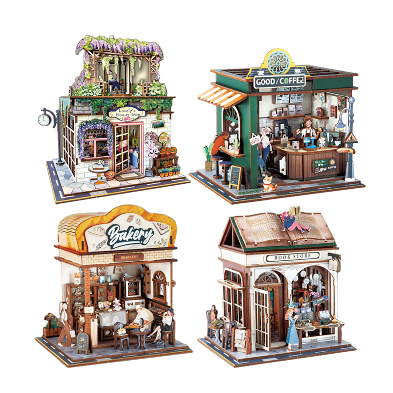 High Quality Wooden Mini DIY Simulation Assemble Disassemble Construction Brick Building Block Shop House Pretend Play Puzzle Toy