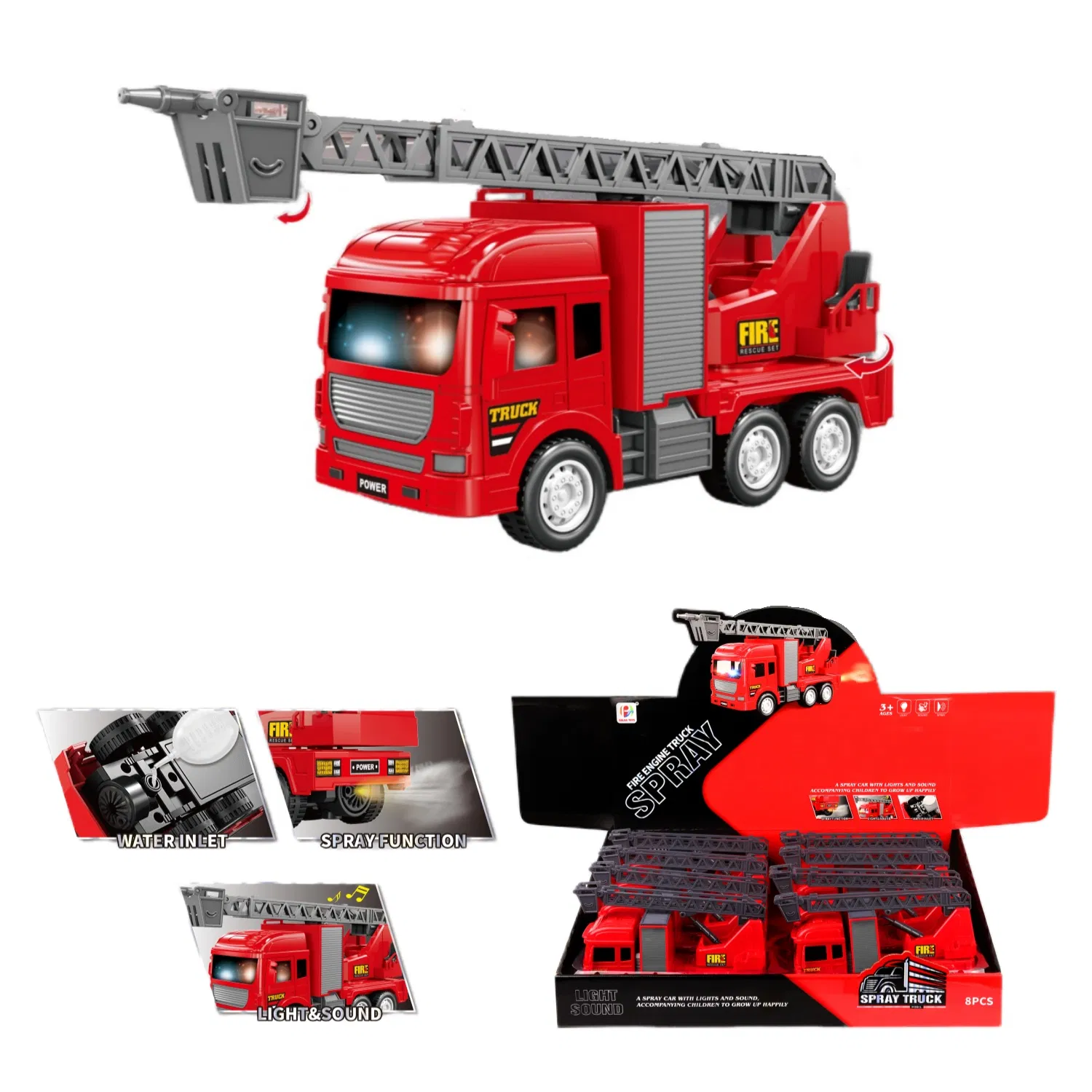 Wholesale 8PCS Music Spray Fire Engine Vehicles with Sound Light for Children's Plastic Toy
