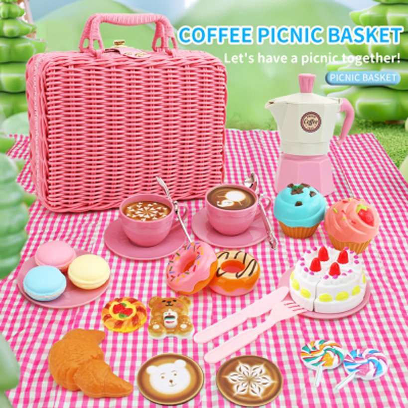 Pretend Play Toy Kitchen Set Kids Portable Pretend Picnic Basket Toy