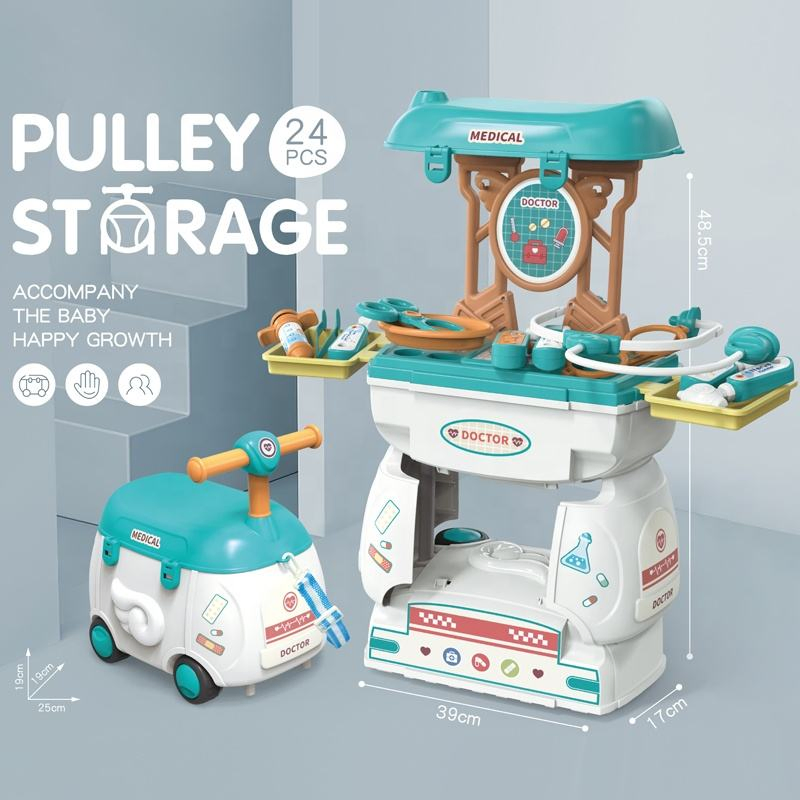 24PCS Kids Pretend Play 2 in 1 Cartoon Medicine Box Hospital Ambulance Suitcase Doctor Toys