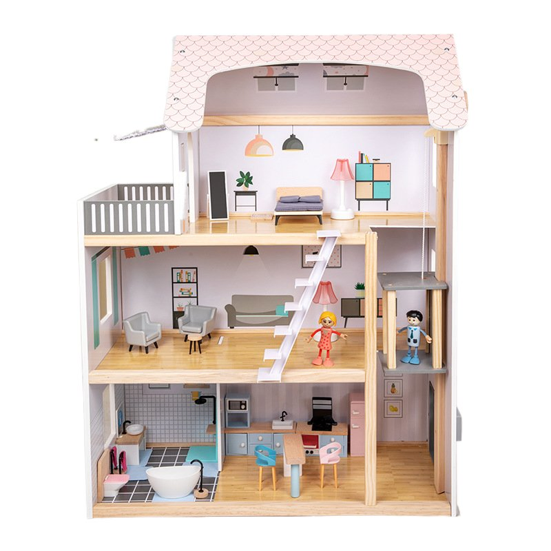 Pretend Role Play DIY Educational Toy Kids Wooden Doll House Villa with Doll Room